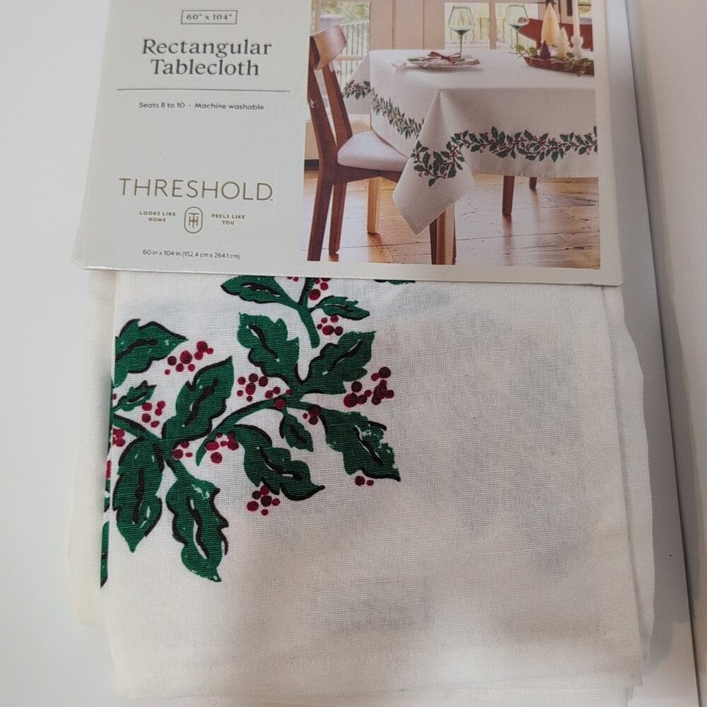 NEW  Threshold 60”x104” Holly Berry Machine Washable Table Cloth Christmas